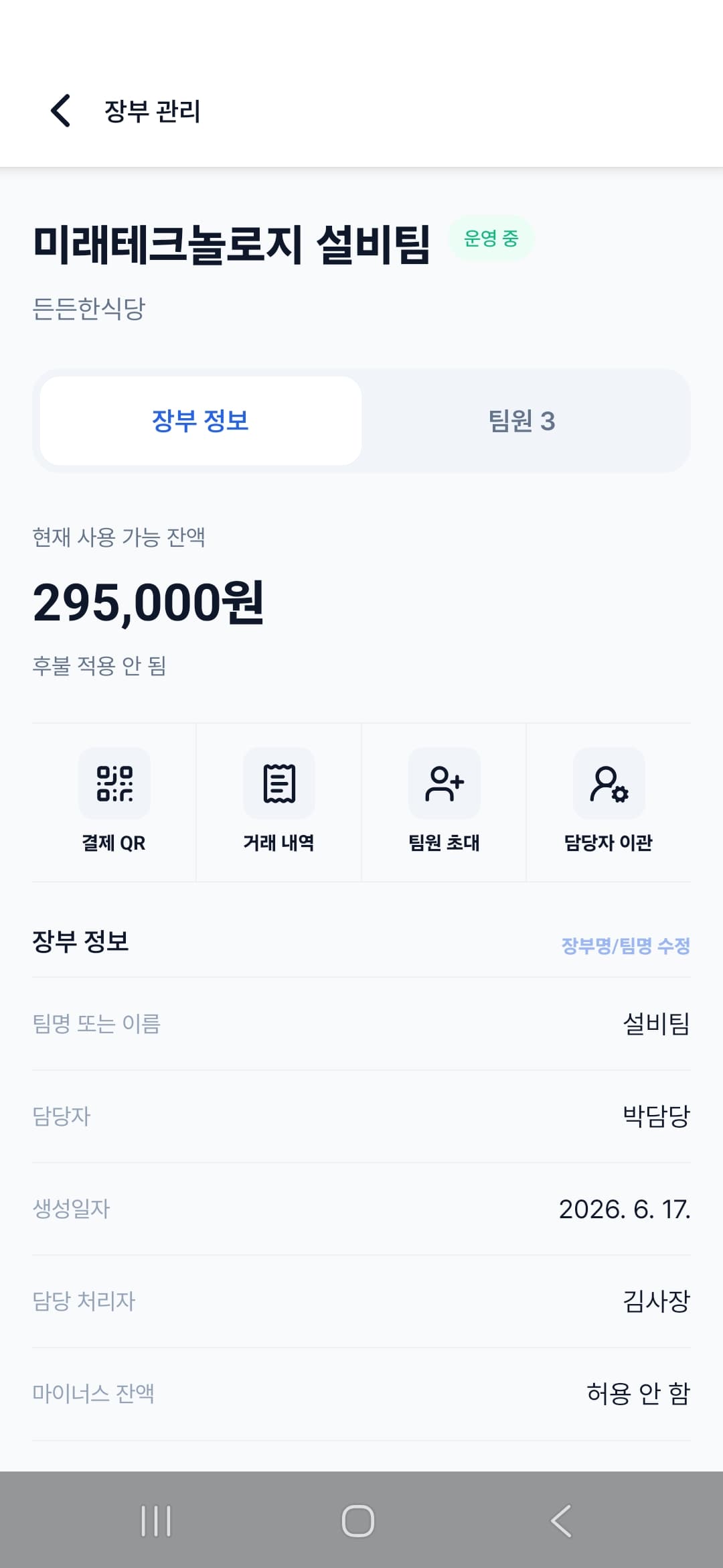 고객 앱의 장부 관리 화면. 사용 가능한 잔액 295,000원과 거래 내역, 팀원 초대 메뉴가 보입니다.
