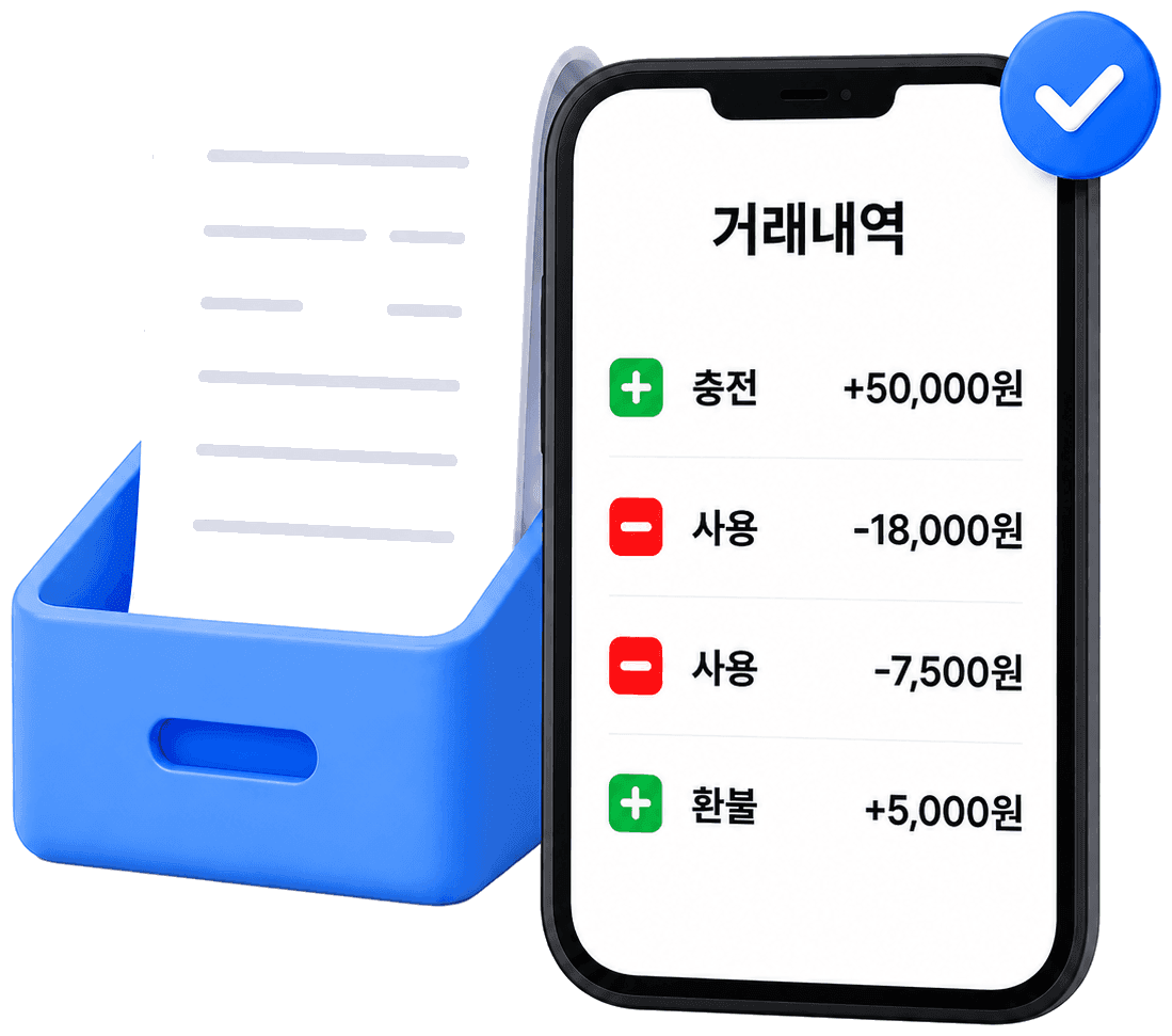거래내역이 자동으로 저장되는 휴대폰과 종이 기록 일러스트